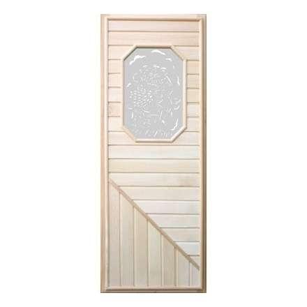 Дверь деревянная для бани DoorWood 1850x750 Вагонка со стеклом прямоугольным, коробка липа в Минске