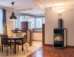 Недорогой стальной камин со стеклом Мета-Бел Ангара фото в интерьере в Минске