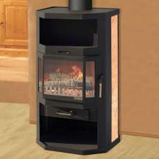 Недорогая отопительная печь-камин со стеклом Мета-Бел Ангара фото в интерьере в Минске