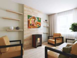 Недорогой камин со стеклом Теплодар Твист фото в интерьере в Минске