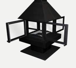 Стальной камин с четырьмя стеклами Эклипс островной 4D графит фото в Минске