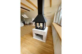 Стальной камин Эклипс островной 4D графит фото в интерьере в Минске