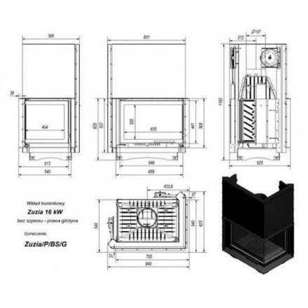 Каминная топка Kratki Zuzia/P/BS/G (угловое стекло справа,гильотина) в Минске
