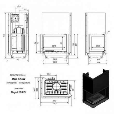 Каминная топка Kratki Maja/L/BS/G (угловое стекло слева, гильотина) в Минске