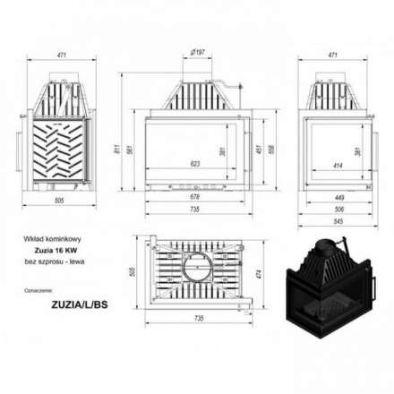 Каминная топка Kratki Zuzia/L/BS (угловое стекло слева) в Минске