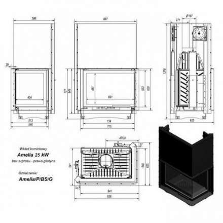 Каминная топка Kratki Amelia/P/BS/G (угловое стекло справа, гильотина) в Минске